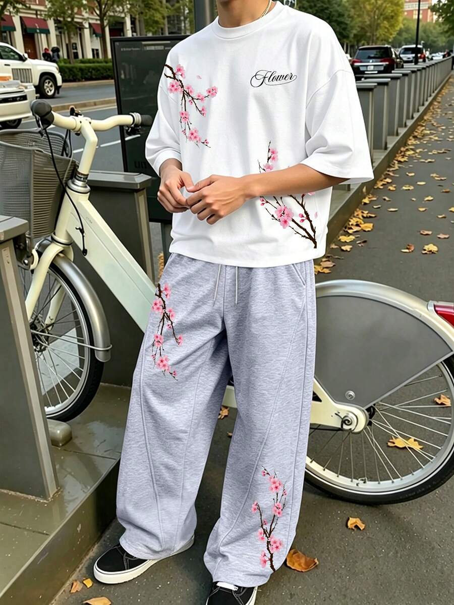 Manfinity Hypemode 男士街頭風INS穿搭白色淺灰色花卉色調櫻花圖案點綴休閒日常穿著男友丈夫禮物週年紀念禮物T恤與長褲套裝,度假 - 彩色 - 查看 1