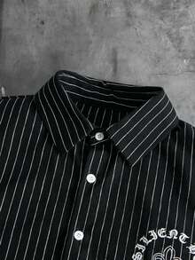 AXEPEAK Men's Striped Letter Print Short Sleeve Single-Breasted Casual Shirt - Black - View 4
