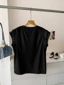 SHEIN LUNE Áo thun nữ sát nách cổ tròn vai rộng 2 lớp họa tiết in phong cách thường ngày cho mùa Xuân/Hè, phù hợp mặc hàng ngày - Nhiều màu - Xem 2