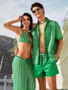 Manfinity VDAYZ Men's Vacation Striped Short Sleeve Single-Breasted Shirt And Shorts Beach Set, Holiday - Green - View 7