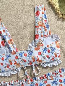 Swim Vcay Girls Sweet 2pcs Floral Random Print Wide Strap Chest Tie Triangle Bikini Swimsuit Set - Multicolor - View 6