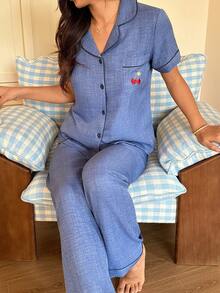 Napfluff Women's Blue Pocket Cherry Embroidery Collar Short Sleeve Pajama Set - Navy Blue - View 3