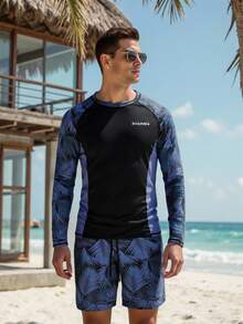 Manfinity KASUA Men's Summer Colorblock Swimwear Sun Protection Long Sleeve Top And Shorts Set - Blue - View 4