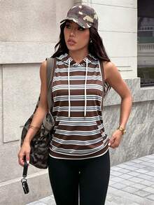 Dewbera Dewbera 女款夏季戶外健身運動條紋印花前口袋無袖連帽背部鏤空設計性感瑜伽運動衫 - 彩色 - 查看 2