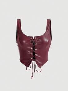 SHEIN MOD Black Crossed Frenulum Lace Up Front PU Leather Tank Top - Burgundy - View 1