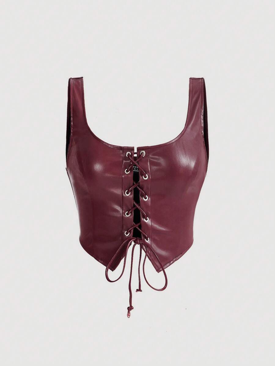 SHEIN MOD Black Crossed Frenulum Lace Up Front PU Leather Tank Top - Burgundy - View 1