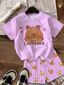 Bộ đồ 2 mảnh áo ngắn tay và quần short cho bé gái tuổi teen, phong cách casual đơn giản dễ thương, họa tiết Capybara, màu tím, kẻ sọc, phong cách Kawaii Y2K, thoải mái, phù hợp mùa xuân/hè - Nhiều màu - Xem 2