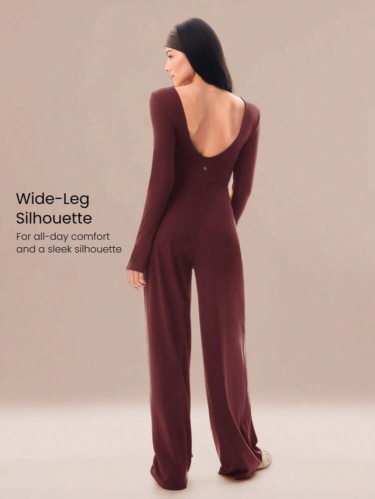 FeatherFit™-Air Sunproof Work And Flow Square Neck Open U-Back Wide Leg Long Sleeve Bodysuit With Thumbholes Daily Casual Wear Removable Cups