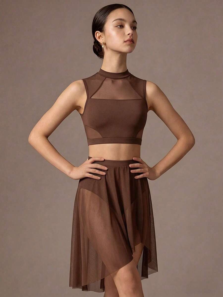 SHEIN 青少年女孩棕色兩件式背心與裙子套裝,全身高彈性,適合返校、舞蹈、晚餐、夏季 - 棕色 - 查看 1