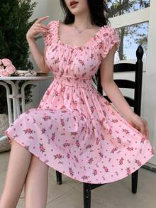 SHEIN Unity 女款休閒可愛碎花迷你洋裝，夏季野餐早午餐粉色花卉 - 彩色 - 查看 3