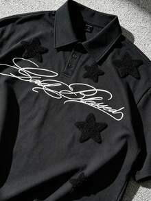 ROMWE MEN Street Life 2026夏季新款星號毛巾刺繡重磅工裝領T恤 男女情侶街頭休閒日常短袖上衣 - 黑色 - 查看 4