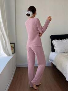 Lotus Root Pink Round Neck Embroidered Comfortable Long Sleeve Pants Women Pajama Set - Dusty Pink - View 2
