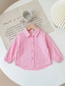 SHEIN 女嬰百搭休閒粉白條紋長袖上衣 - 粉色 - 查看 2