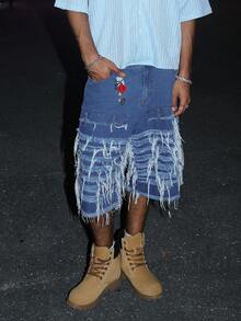 STEELVANCE American Street Style Patchwork Frayed Denim Shorts - Blue - View 5