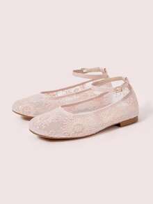 CUCCOO DOLLMOD Women's Shoes, Pink Ballet Flats, Round Toe, Embroidered Mesh Mary Jane, Ankle Strap - Watermelon Pink - View 2