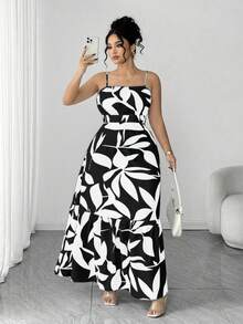 Elenzga Vestido elegante de mujer talla grande con tirantes finos, cintura fruncida y diseño de línea A, estampado de hojas de dos colores, diseño de cintura estilizante, vestido elegante y sofisticado adecuado para volver al colegio, graduación, San Valentín, festival de música, Día de la Madre, Halloween, Acción de Gracias, Pascua, Día Nacional, baile de graduación, cita, boda, actividades al aire libre - Blanco y Negro - Ver 3