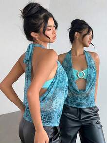 Aloruh New Leopard Print Sexy Cowl Neck Halter Modern Metal Decor Backless Tank Top - Teal Blue - View 7