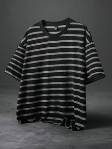 PAVTROS Men's Plus Size Casual Striped Short Loose Fit T-Shirt, Versatile Everyday Striped T-Shirt - Black and White - View 3