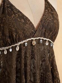 SHEIN ICON Plus Size Knitted Halter Shell Tassel Decor Babydoll Backless Camisole - Brown - View 6