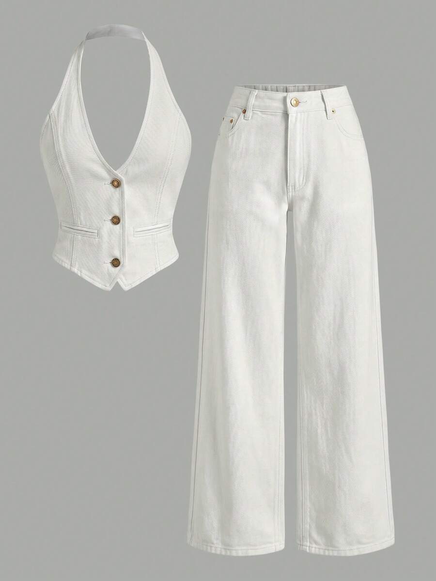 Sweetra Sophisticated Elegant Women's Denim Outfit For Outings - White - View 1