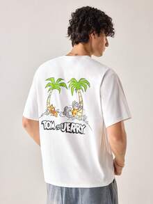 Strevion TOM & JERRY Men's Casual Versatile Simple Cat & Mouse Coconut Tree Print Short Sleeve T-Shirt - White - View 2