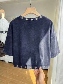 Comfortcana Summer Pure Cotton Snow Wash Plus Size Short Sleeve T-Shirt Vacation Navy Blue Military Cowboy - Navy Blue - View 2