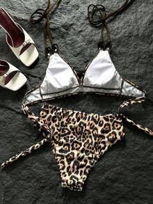 SHEIN Swim 女款休閒度假海灘派對優雅粗肩帶豹紋比基尼兩件式泳衣 夏季新款 - 彩色 - 查看 3