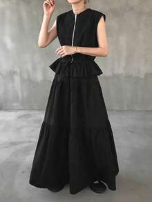 FRIFUL Women's Summer Casual Drawstring Waist Vest & Skirt 2 Pieces Set - Black - View 3