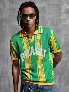Manfinity Denimwave Men's Contrast Color Striped Letter Print Hollow Out Football Knit Top - Green - View 1