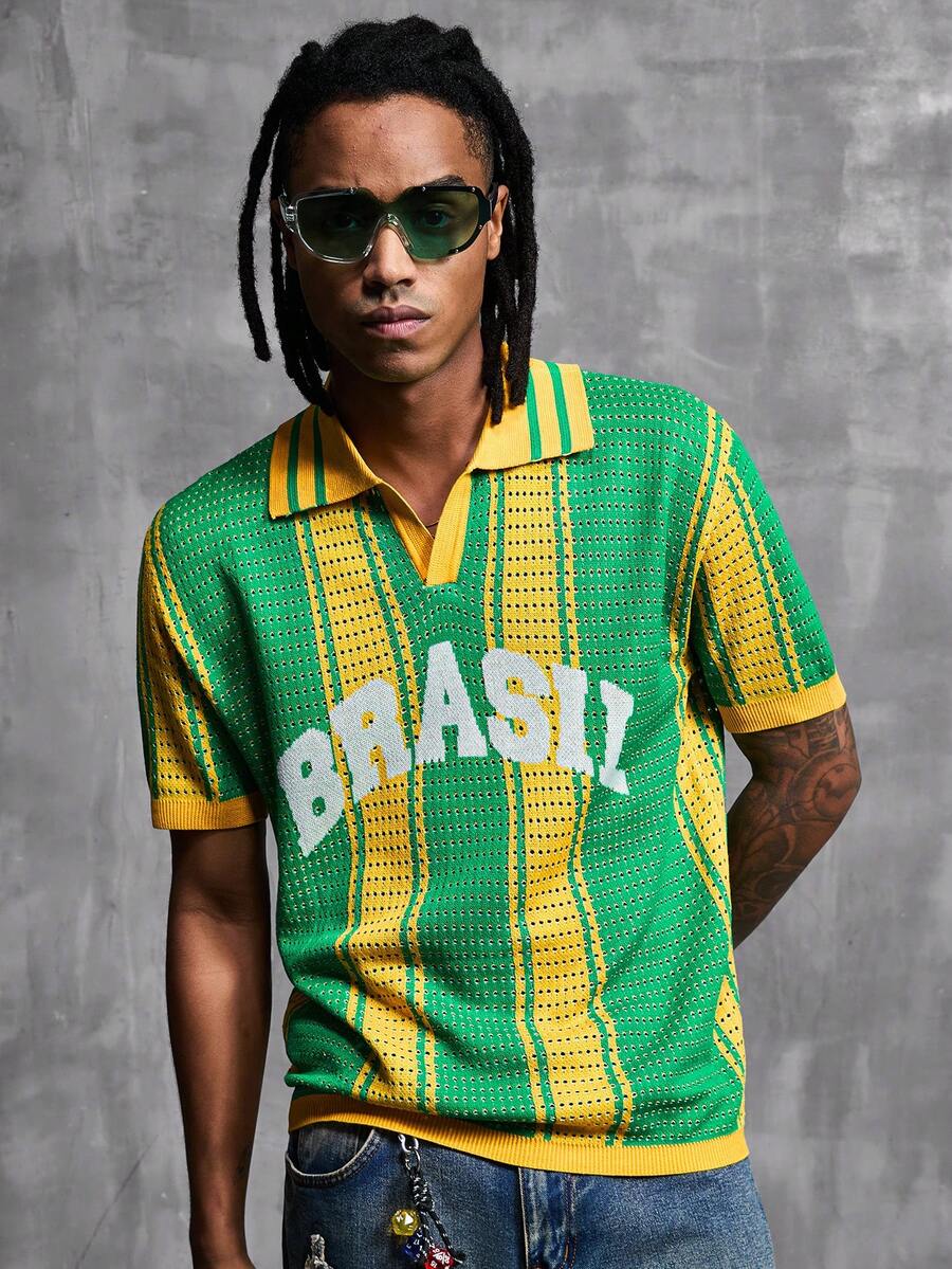Manfinity Denimwave Men's Contrast Color Striped Letter Print Hollow Out Football Knit Top - Green - View 1