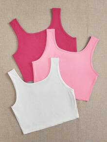 SHEIN EZwear 女款 3件組 粉色 & 白色 超短版貼身休閒背心，適合夏季 - 彩色 - 查看 2
