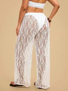 Travachic Pantalones de playa transparentes de encaje de unicolor para mujer talla grande, casual, vacaciones, atuendos de vacaciones para mujer, vacaciones, atuendos de vacaciones de verano, atuendos de vacaciones para mujer, vacaciones - Blanco - Ver 2