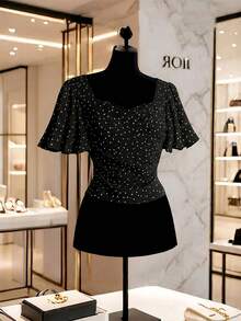 Modelyn Women's Summer Casual Romantic Polka Dot Print Shirt Going Out Black And White Polka Dot - Black - View 2