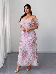 Elenzga Vestido elegante y romántico para mujer de talla grande, con hombros descubiertos, volantes en la cintura, ajustado y de tela de malla con estampado floral, para primavera/otoño - Multicolor - Ver 4