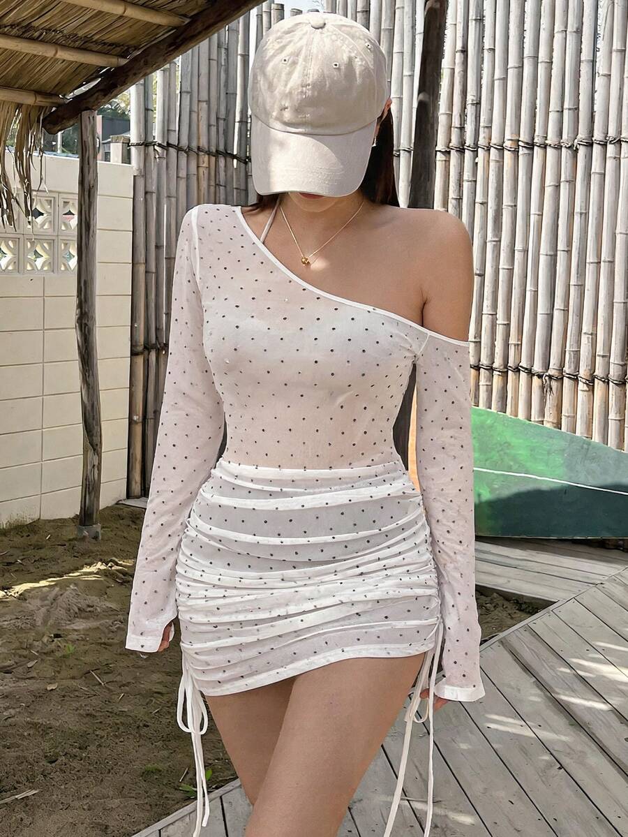 DAZY 女款夏季不對稱單肩抽繩抓皺沙灘罩衫 性感極簡半透長袖泳衣外罩 - 彩色 - 查看 1