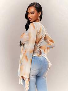 Radiana Women's Autumn Sexy Elegant Chic Sheer Mesh Print Long Sleeve Top, Sexy V-Neck Top, Flare Sleeve Top, Flowy Mesh Top, Front Tie Closure Ruffle Hem Top, Elegant Top, Casual Top, Fashion Casual Sexy Tie-Dye Print Sheer Mesh Flare Sleeve Top, Tie Top, Suitable For Daily Casual Outings, Dates, Gatherings, Parties, Music Festivals, Vacations, Beaches, Holidays, Concerts, Carnival Parties, Versatile Top - Multicolor - View 8