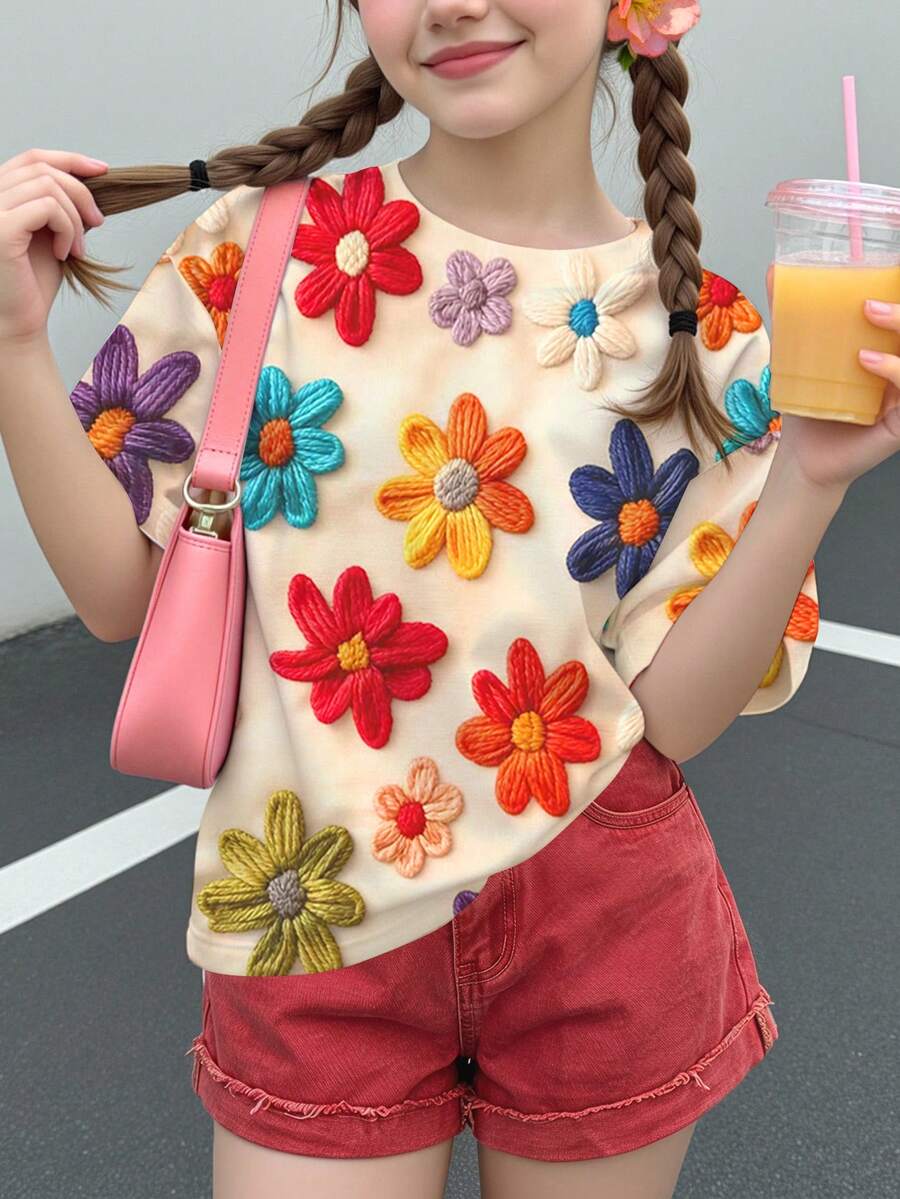 Áo thun cổ tròn tay ngắn cho bé gái tuổi teen, phong cách thường ngày đơn giản dễ thương vui nhộn, họa tiết hoa in vân nổi, màu đỏ vintage, phù hợp mùa xuân/hè, áo thun graphic, thoải mái, kiểu Y2K, vintage - Nhiều màu - Xem 1