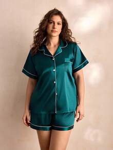 Charlaine Bộ đồ ngủ/Pjama bằng vải satin vá túi viền viền tương phản Plus - Màu xanh lá cây đậm - Xem 4