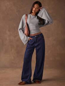 SHEIN BAE 女款純色圓領蝙蝠袖修身上衣 - 灰色 - 查看 7