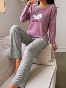 Embroidered Round Neck Comfortable Long Sleeve & Long Pants Women Pajama Set - Hot Pink - View 2