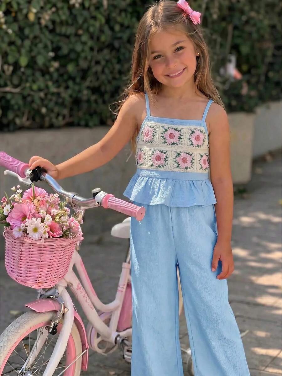 Emery Rose Kids Emery Rose Kids 少女花卉刺繡細肩帶背心上衣與長褲套裝 - 藍色 - 查看 1