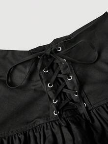 SHEIN MOD 女士纯棉纯色系带侧边荷叶边下摆半身裙 - 黑色 - 查看 5