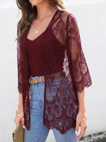 SHEIN VCAY 女款度假蕾絲 3/4 袖寬鬆和服式罩衫 - 紅色 - 查看 7