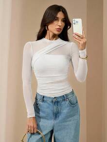 SHEIN Tall Bodysuit nữ màu nâu, tay dài lưới xuyên thấu, cổ giả cao nhún bèo, phù hợp cho tiệc cocktail, hẹn hò lãng mạn, mặc lớp lót mùa đông - trắng - Xem 6