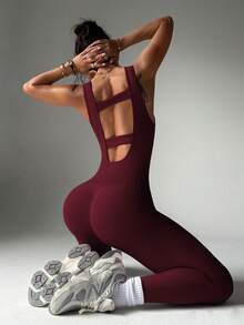 Slayform Slayform Seamless Solid Color Minimalist Versatile Athletic Tight Jumpsuit - Burgundy - View 7