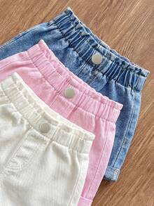 SHEIN 3件套女婴粉色、蓝色、白色牛仔宽松卷边短裤 - 彩色 - 查看 4