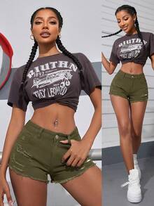 SHEIN PETITE 女款夏季休閒水洗破洞牛仔短褲，適合嬌小女性 - 軍綠色 - 查看 7