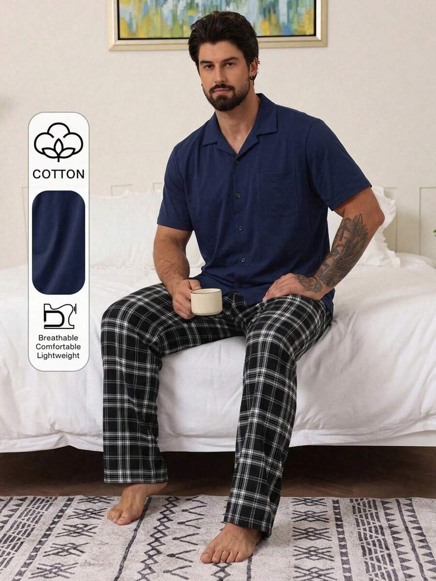 DAZY Summer Solid Color Short Sleeve Shirt And Plaid Long Pants Men's Loungewear Set - Multicolor - View 1