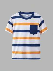 4pcs Striped, Color Block, Black, Yellow Casual Sports T-Shirt Combo Pack, Versatile For Teens, Spring/Summer - Multicolor - View 3
