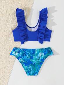 SHEIN Young Girls Pleated Leaf Print Two-Piece Swimsuit Set - Royal Blue - View 2